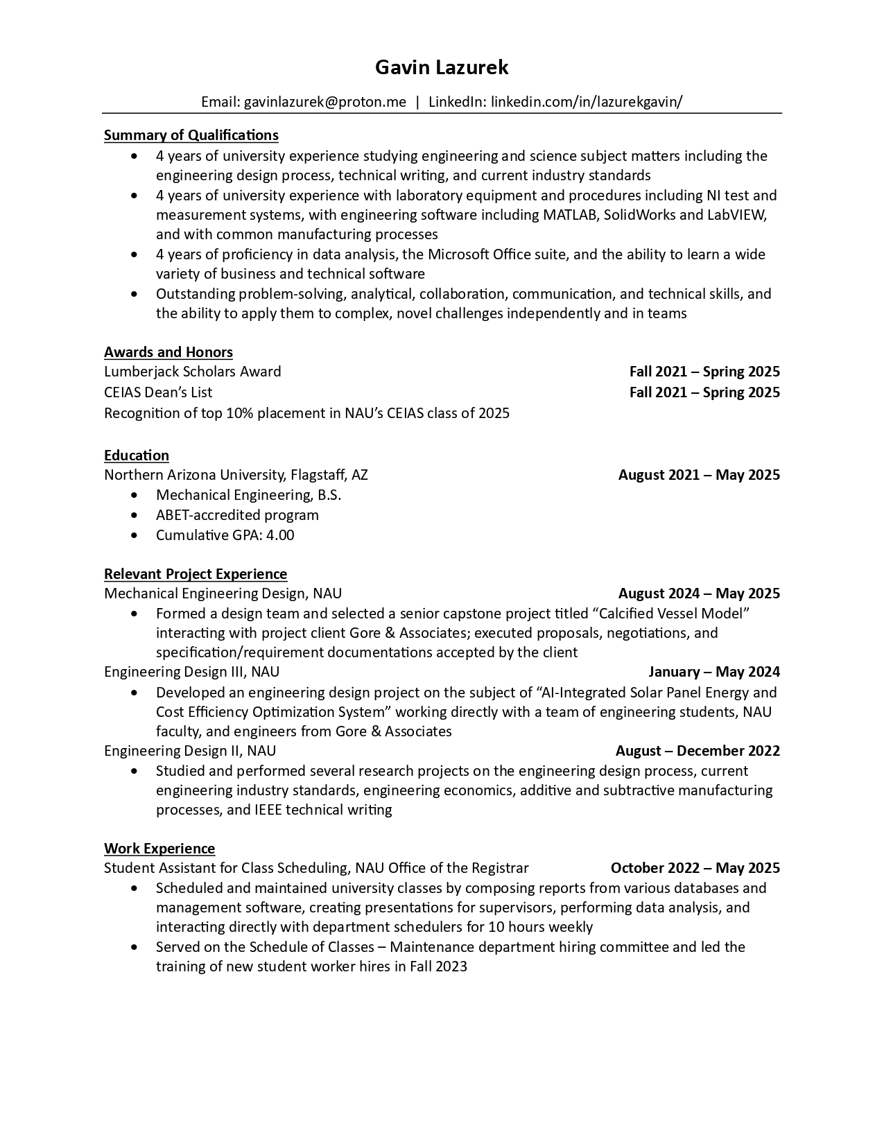Professional Resume of Team Member Gavin Lazurek